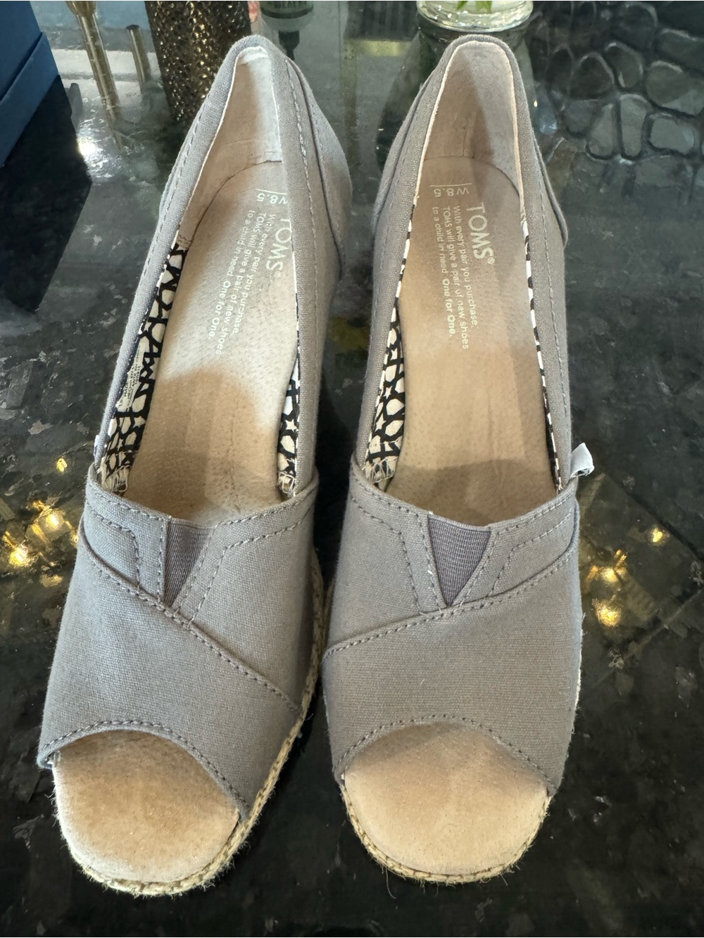 Toms Gray Canvas Peep-Toe Wedge Espadrilles
